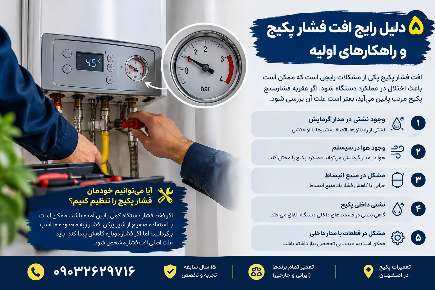 ۵ دلیل رایج افت فشار پکیج و راهکارهای اولیه